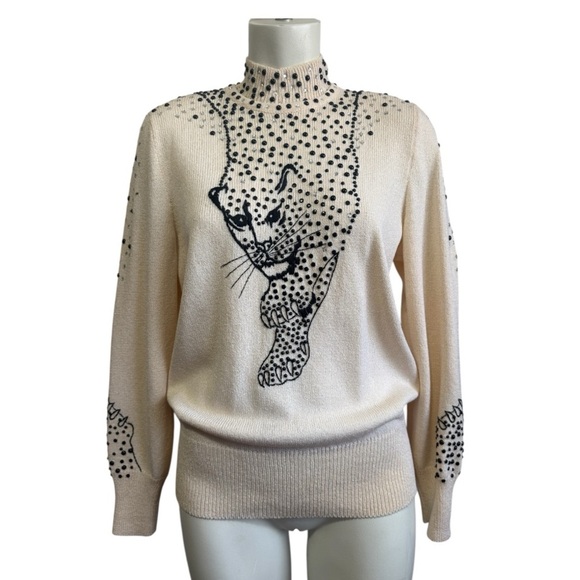 Vintage Antonella Preve Cream Sweater Beaded Rhinestone Leopard Women’s Small - Picture 1 of 14